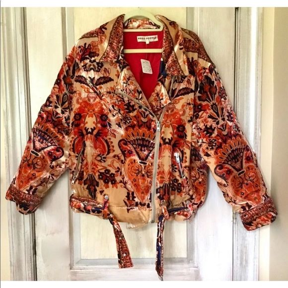 Free People Bailey Velvet Moto Jacket Moroccan Print Red Blue Orange Gold - Picture 3 of 6
